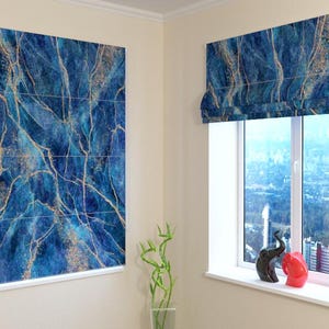Custom Roman Blind: Blue Golden Marble Print - Blackout, Screen, Silk