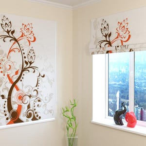 Custom Roman Shade: Brown & Orange Abstract Floral Print - Blackout, Screen, Silk