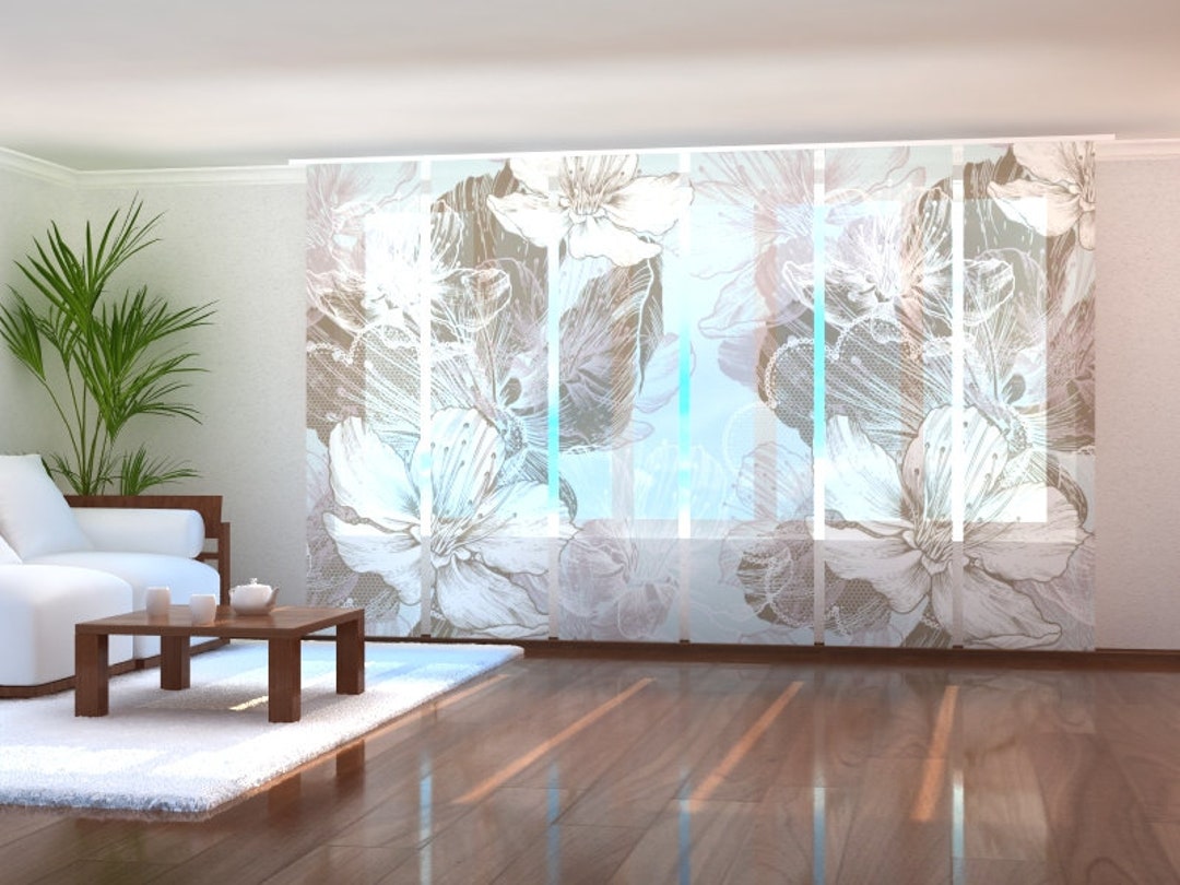 Sliding Panel Curtain Modern Floral, Set of 6, Custom Size, Fabric Silk