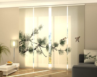 Sliding Panel Curtains for Sliding Glass Door Set of 4 Panel Track Blind for Wardrobe door Glass Door curtain - Oriental Pine Tree and Birds