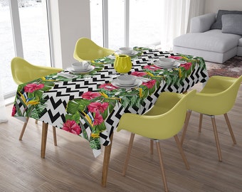 Tropical tablecloth, rectangle tablecloth, table cover, floral table cover, Tropical Leaves and Hibiscus Flowers, Tropical fabric decor