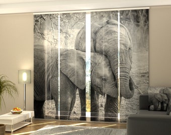 Sliding Panel Curtains for Patio Door, Set of 4 Panel Track Blind for Sliding Glass Door, Balcony doors - Young Elephants in Black and White