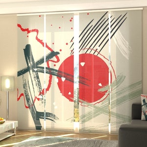 Sliding panel curtain Abstract Red Chinese Sun, Set of 4, custom size, fabric Screen or Blackout