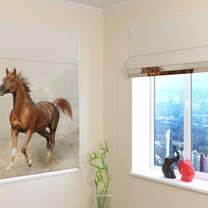 Window Shades | Roman Shade | Modern | Custom Print | Blackout, Screen, Silk | Custom-made | Curtains  - Arabian Stallion in Prairies