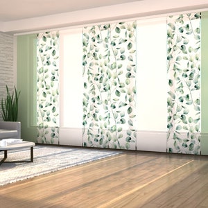 8 Sliding Panel Curtains Tenderness Green Leaves with Green and White Lines, Set of 8 Japanese panels, fabric Screen, Silk or Blackout