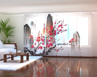 Sliding Panel Curtains for Sliding Glass Door, Set of 6 Panel Track Blinds for Patio Door covering - Traditional Japanese Painting Happiness