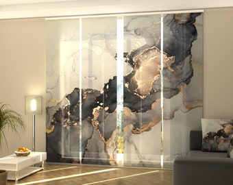 Set of 4 Sliding Panel Curtains for glass/patio door, large windows, and wardrobes "Luxury Marble in Black, Gray, and Gold"