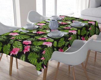 Tropical tablecloth, rectangle tablecloth, table cover, custom tablecloth, party table cover, table cloth with tropical pattern on the black