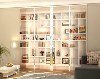 May include: A white bookshelf with multiple shelves filled with books and decorative items. The bookshelf is in a living room with a couch and a lamp.