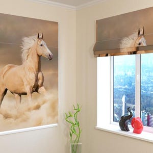 Window Shades | Roman Shade | Modern| Custom Print | Blackout, Screen, Silk | Custom-made | Curtains  - Beautiful Blond Palomino Horse