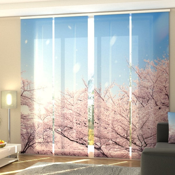 Panneaux Japonais Cerisiers en fleurs Sakura au Japon, Sets de 4, Rideau Coulissant, tissu Screen, Silk, Blackout