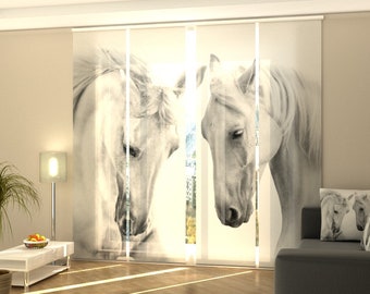 Sliding Panel Curtains for Sliding Glass Door, Set of 4 Panel Track Blinds for Wardrobe, curtain for Horses Lovers - Couple of White Horses
