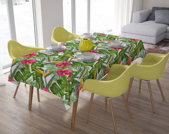 Tropical tablecloth, rectangle tablecloth, fabric table cover, floral table cover, tropical leaves and strelitzia, event and party decor