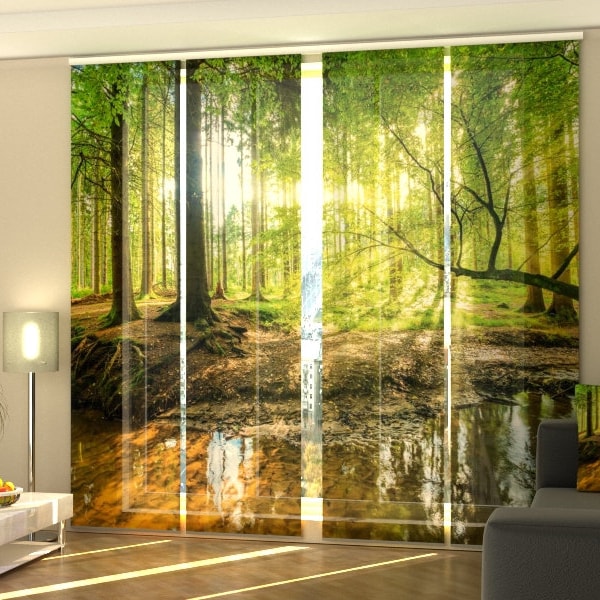 Room Divider Set of 4 Sliding Panel Curtain, Vertical Blinds for Patio door coverings, Doorway custom curtain - Sunbeams in the forest