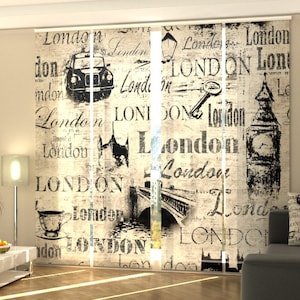 Schiebegardinen Collage Old London digitaldruck, 4er-Set, benutzerdefinierte Größe, Stoff Screen oder Verdunkelung