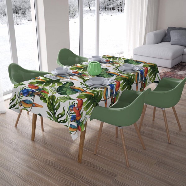 Tischdecke mit Motive Palmblatt mit Papageien, aus Stoff, Maßgeschneiderte