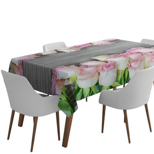 Fabric Tablecloth Printed with Roses and Wood Pattern Floral tablecloth, floral table cover, party tablecloth, botanical tablecloth
