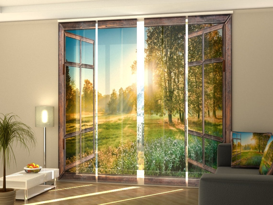 Window Rising Curtains Sliding Panel Curtain Sunrise View From the Window, Set of 4, Custom ...
