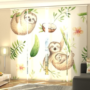 Sliding Panel Curtain Watercolor Cute Sloths, Set of 4 Amazing Vertical Blinds Sweet Kids room Animal lovers cozy vibe Bedroom Play room