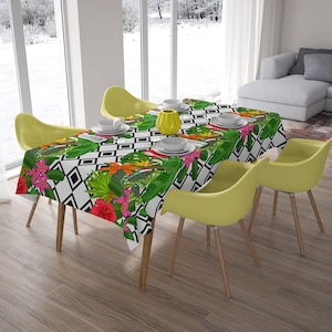 Fabric table cover, tropical tablecloth, rectangle tablecloth, floral table cover, tropical plants and rhombus, event decor, dining room