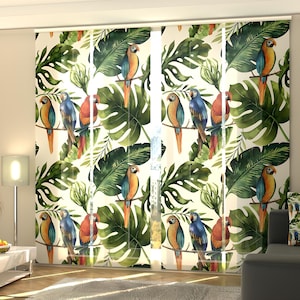 Patio Door Sliding Panel Curtains Palm Leaf with Parrots, Set of 4 Vertical Blinds for Living room, Sliding Glass Door Pet Shop Office Cafe