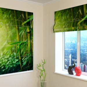 Custom Roman Shade: Bamboo Forest Print, Blackout & Silk Options