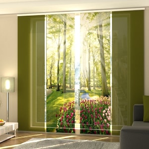 May include: Green room darkening curtains with a printed image of a sunny forest scene with a path and a stream. The scene includes a field of pink and white tulips.