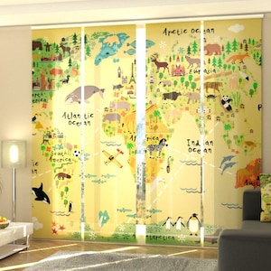 Paneelgordijnen Kaart voor kinderen, Set van 4 Japanse panelen, op maat, stof Screen, Silk of Blackout