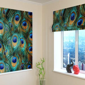 Custom Peacock Print Roman Shade: Blackout, Screen, or Silk