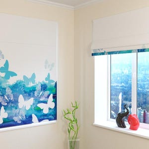 Window Shades Wellmira | Roman Shade | Modern| Universal | Custom Print | Blackout, Screen, Silk | Custom-made | Curtains  - Blue Butterfly