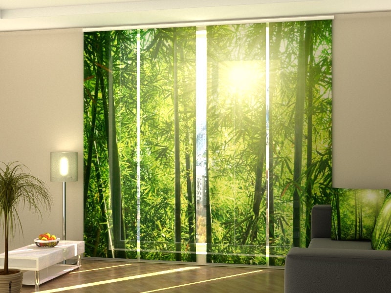 4 Tende a Pannello dimensione personalizzata, Tenda su misura Portefinestre, Tende arredo, Tende giapponesi - Sole nella Foresta di Bambù