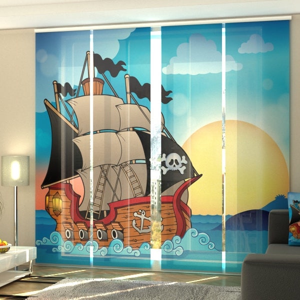 Panneaux Japonais Navire des Pirates, Sets de 4, Rideau Coulissant Chambre d'enfant Bateau Amoureux Pirates Hôtel Jouer Chambre de pirate