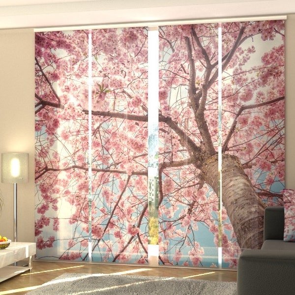 Stores Coulissants à Panneaux Sakura fleurit de bas en haut, Sets de 4 rideaux, personnalisée, tissu Screen, Soie ou Occultant