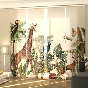 Sliding Panel Blinds Tropical Trees and Jungle Animals, Set of 4 Panel Curtains for Kids room Living room Hotels Offices Travel Agency Blind
