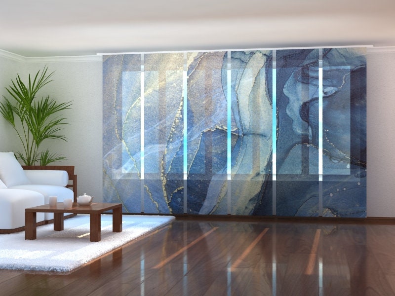Sliding Panel Blinds for Patio Doors, Set of 6 Vertical Blinds for Sliding Glass Doors, Closet Doors -  Luxury Abstraction in Blue and Gold