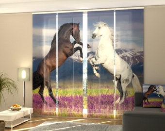 Sliding Panel Curtains for Sliding Glass Door, 4 Panel Track Blinds for Patio Door, as Sliding Wardrobe Door - Horses on a Lavender Field