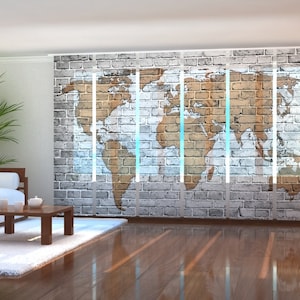 Panneaux Japonais Carte dessinée sur un mur, Sets de 6, Rideau Coulissant, tissu Silk, Screen ou Blackout