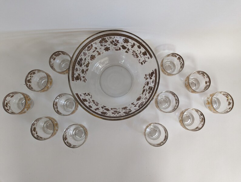Vintage 13pc. Culver Glass Punch Bowl Set MCM, Gold Chantilly Etsy
