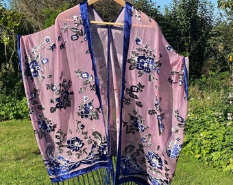 Pink and blue burnout velvet floral kimono, jacket, dressing gown