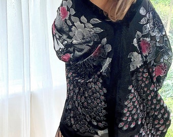 Burnout Velvet Fringe Kimono, Peacock Floral Devore Jacket