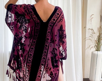 Fringe burnout velvet kimono jacket dressing gown