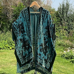 Fringe burnout velvet kimono jacket dressing gown