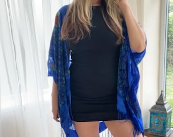 Blue Burnout Velvet Fringe Kimono, Peacock Floral Devore Jacket