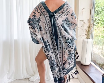 Fringe burnout velvet kimono jacket dressing gown