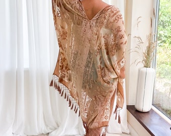 Fringe burnout velvet kimono, duster, jacket dressing gown