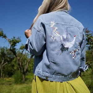 Embroidered denim jacket, pretty denim jacket, casual jacket, Denim jacket, Bird and floral embroidery