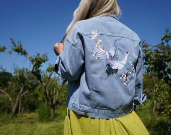 Embroidered denim jacket, pretty denim jacket, casual jacket, Denim jacket, Bird and floral embroidery