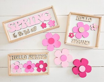 Spring tiered tray signs, spring decor, pink decor, hello spring, boho decor, farmhouse, retro decor, spring is in the air, daisy decor