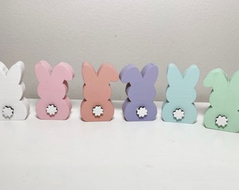 Standing wood bunnies, Easter decor, pastel Easter, spring decor, tiered tray decor, shelf sitters, farmhouse, happy Easter, retro spring