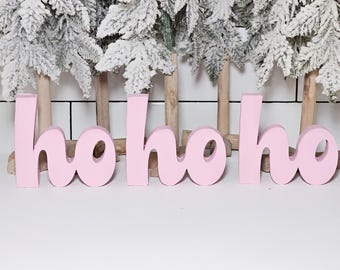 hohoho standing cutouts, chunky wood words,  shelf decor, pink Christmas, Christmas ornament, tiered tray